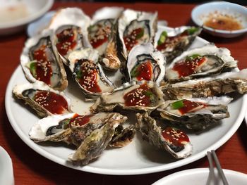 High angle view of serving food in plate