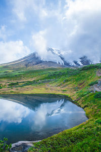 A landscape of summer mountains with snow on the top reflected in a pond in the foreground.