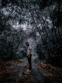 Man standing by tree in forest