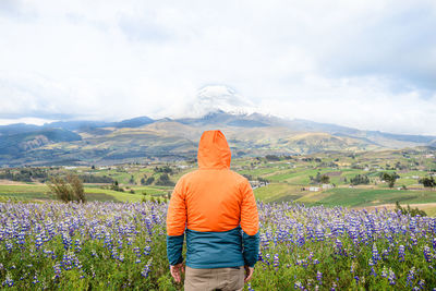 Rear view of man looking at field against sky