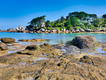 Rocks on beach against sky