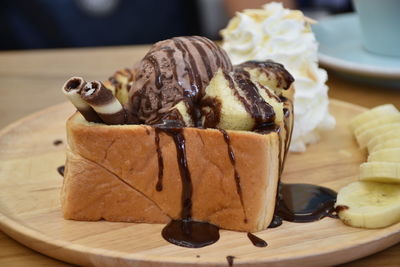 Close-up of dessert with fruits in restaurant
