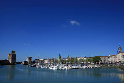 Sailboats in river by buildings against blue sky