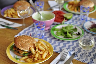 Close-up of served food on table