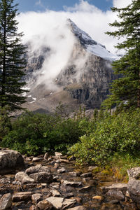 Scenic view of creek against mountain peak 