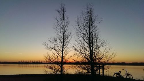 Bare trees by lake at sunset