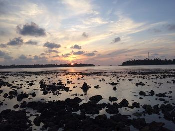 Scenic view of beach against sky during sunset