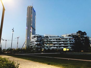 Low angle view of buildings against clear sky