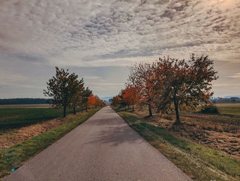 Empty road amidst trees on field against sky