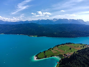 Walchensee with its beautiful caribbean water from above