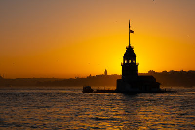 Silhouette of lighthouse by sea against sky during sunset