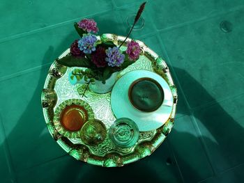 High angle view of roses on table