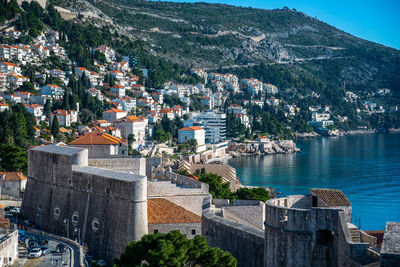 High angle view of buildings in city