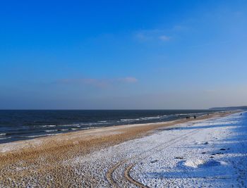 Scenic view of sea against blue sky