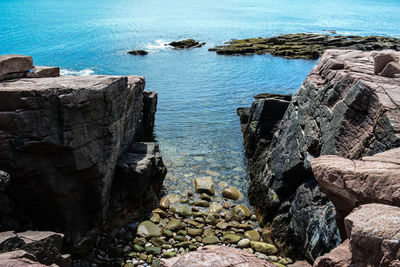 High angle view of rocks by sea