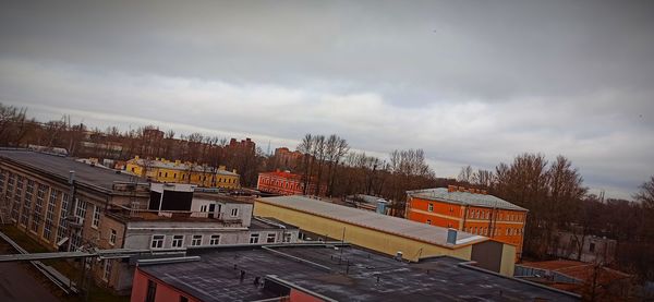 High angle view of buildings against sky