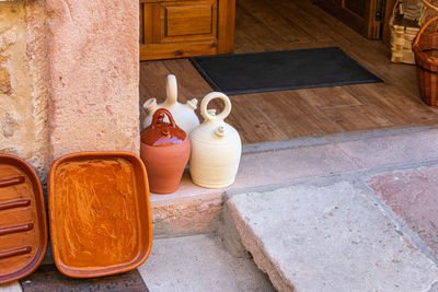 High angle view of objects on floor against wall