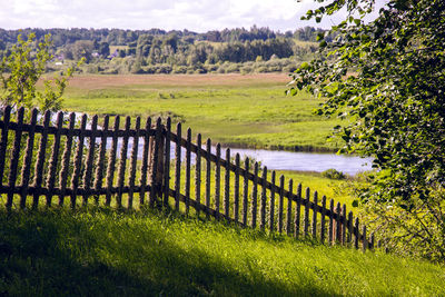 Old wooden fence in summer sunny day, covered with moss from time to time