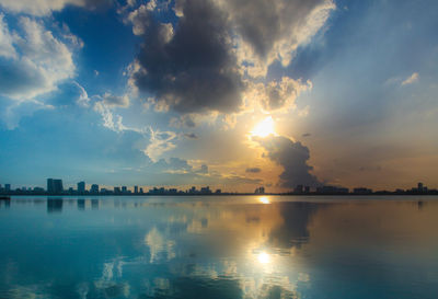 Scenic view of lake against sky during sunset