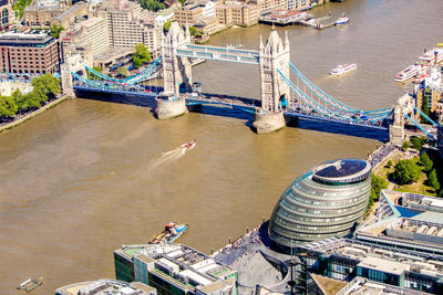 High angle view of boats in river