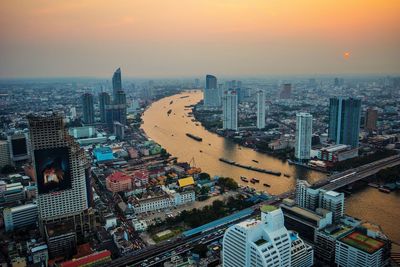 High angle view of city at dusk