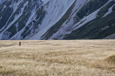 Person running on grassy field before mountain