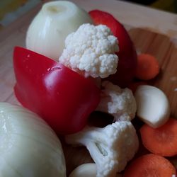 High angle view of chopped vegetables on table