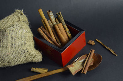 Close-up of cinamon stick in a red box