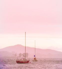 Sailboats sailing on sea against sky during sunset