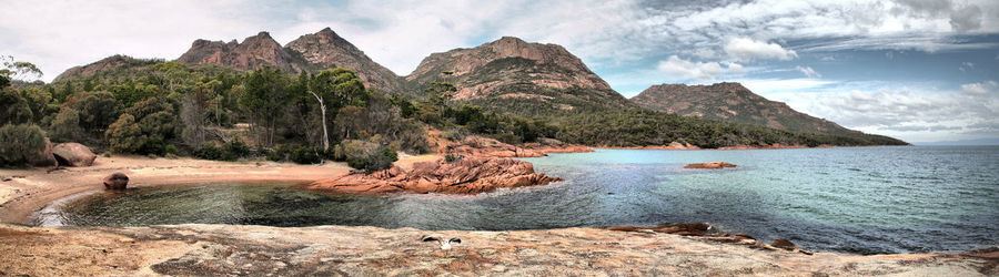 Scenic view of lake and mountains against sky