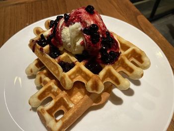 Close-up of dessert served on table