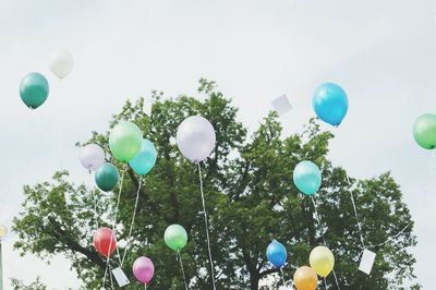 Low angle view of colorful helium balloons and trees against sky