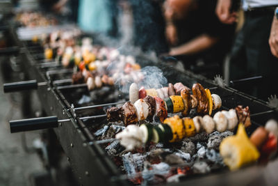 Close-up of meat on barbecue grill