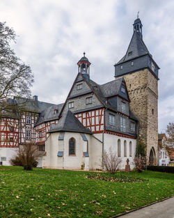 Beautiful half-timbered town hall of bad camberg, hesse, germany