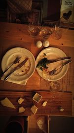High angle view of wineglasses on table