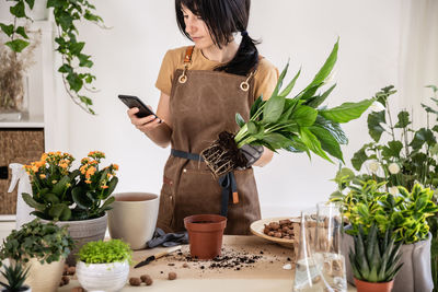 Female gardener using smartphone working at workshop transplantation houseplants