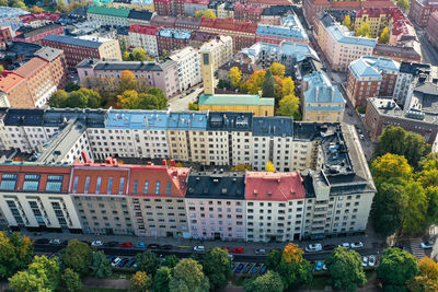 High angle view of buildings in city