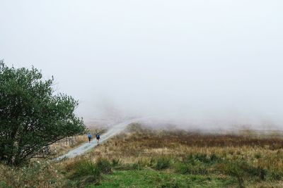 Distance view of hikers walking on road amidst field during foggy morning