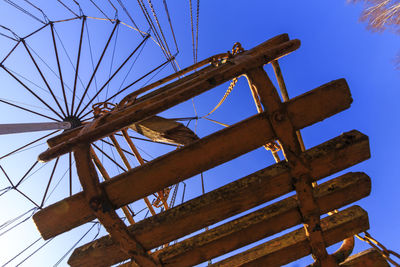 Low angle view of metallic structure against clear blue sky