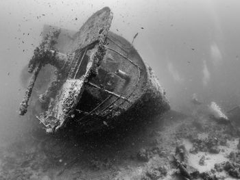 High angle view of abandoned boat in sea