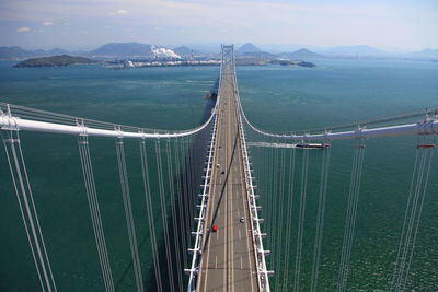 High angle view of suspension bridge over sea against sky