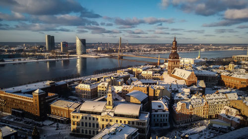 High angle view of buildings against sky