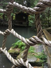 Close-up of rope tied to wooden post