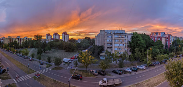 High angle view of cityscape against sky during sunset