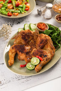 High angle view of food in plate on table