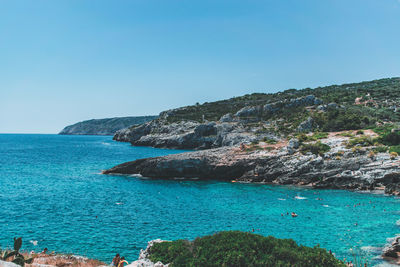 Scenic view of sea against clear blue sky