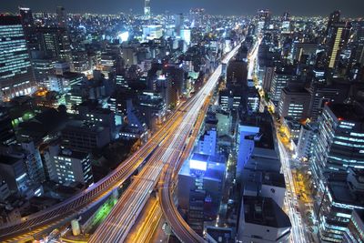 High angle view of osaka lit up at night