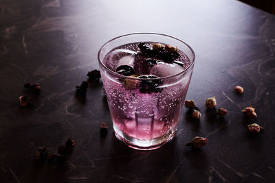 High angle view of drink in glass on table