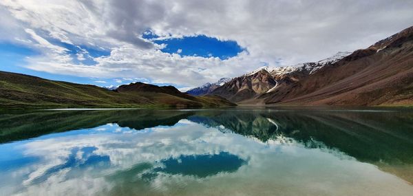 Scenic view of lake and mountains against sky