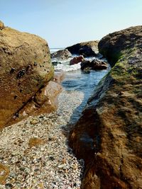 Rocks on beach against clear sky